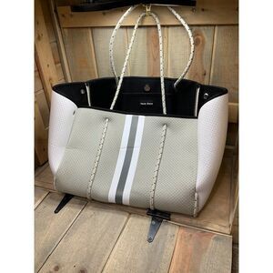 HAUTE Shore GREYSON Tote Purse Gray White Stripe Large Travel Bag